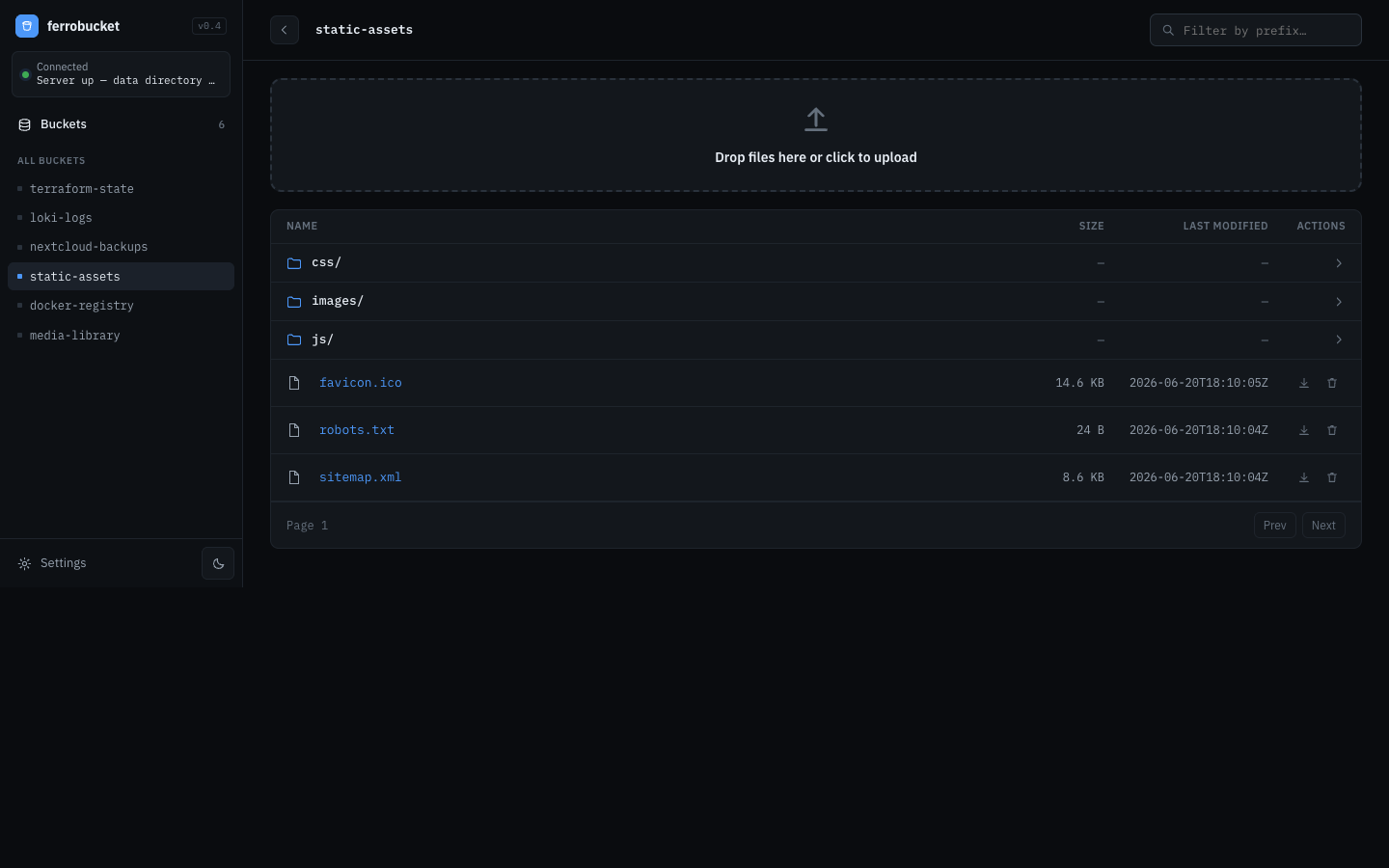 ferrobucket web UI — object browser with sidebar bucket list, folders and files